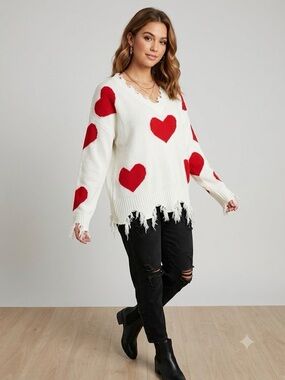 White V-Neck Sweater with Red Heart Motif